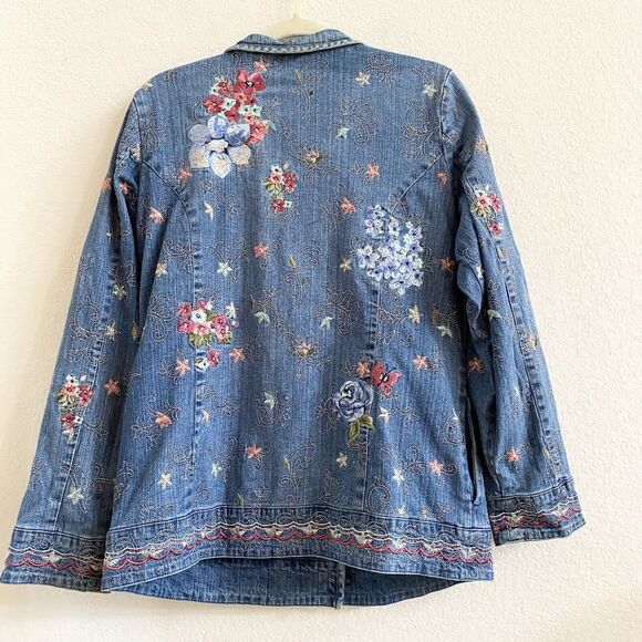 DENIM & CO Stretch Cotton Embroidered‎ Denim Lined Jacket Floral-Size Medium - Picture 12 of 14
